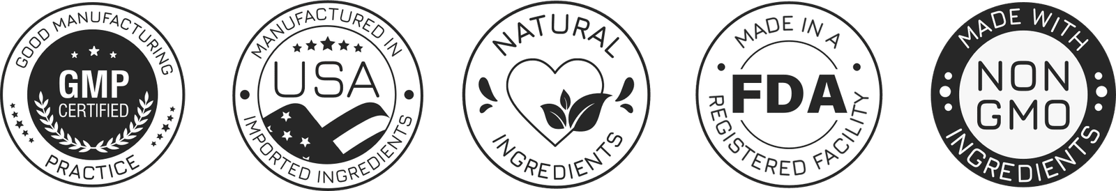 GMP Certified, Manufactured in USA, Natural Ingredients, Made in an FDA-Registered Facility, Non-GMO